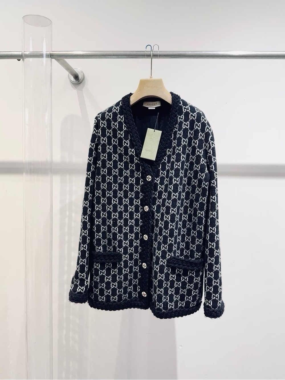 Gucci Black & White GG Jacquard Cardigan Blazer